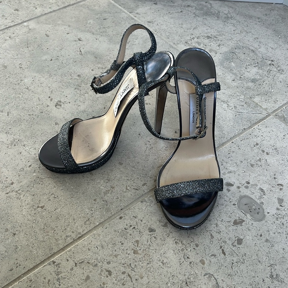 Jimmy Choo Claudette silver metallic glitter sandal heel size 36